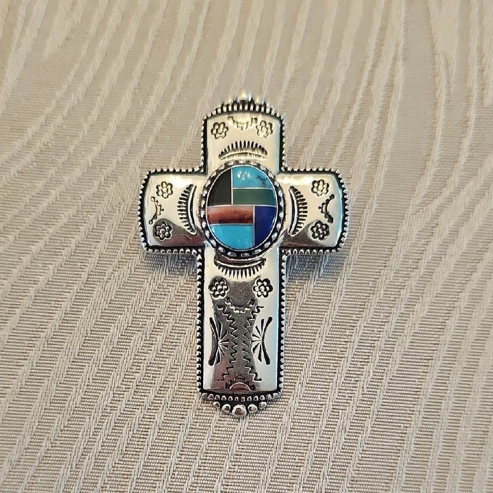 Carolyn Pollack Silver Cross Pendant/Pin with Multicolor Inlay